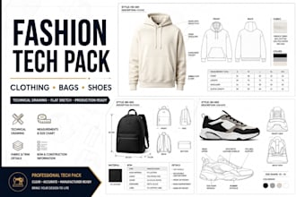 create fashion techpack technical drawing flat sketch for clothing bags shoe