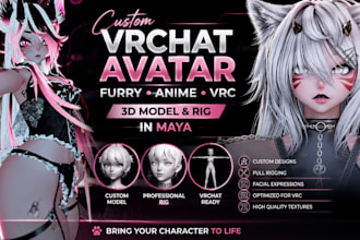 create vrchat avatar, vrc avatar, furry fursona, anime 3d model and rig in maya