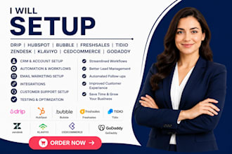 setup drip hubspot bubble freshsales  tidio zendesk klaviyo cedcommerce godaddy