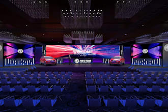 design futuristic 3d corporate stage layout, hall, gala event, dmx cues,lighting