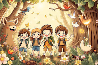 create cute kids adventure illustrations with colorful characters
