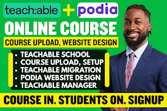 setup teachable school, teachable course upload, podia, teachable course website