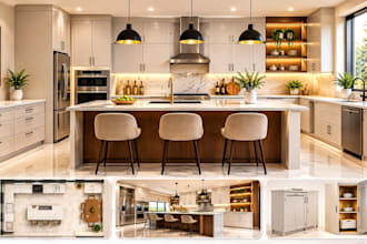 design kitchen and bathroom, kitchen cabinets, 3d interior design and rendering