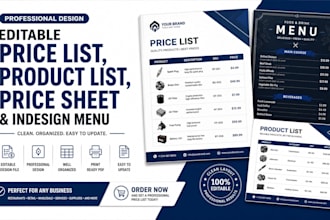 design digital price list, editable product list, price sheet and indesign menu