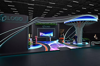 design futuristic 3d exhibition booths, trade show stand, kiosk design, backdrop