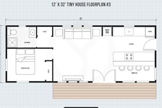 create a detailed tiny house floor plan with furniture layout