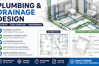 design plumbing and drainage plans, pipe sizing, stormwater and sewer layouts