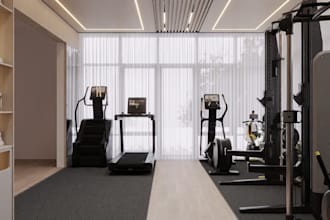 3d home gym design,interior layout, pilates studios,yoga room,cardio render,spa