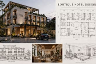 design a unique boutique hotel with stylish spaces,  layouts