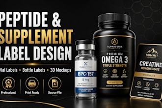 design peptide vial label, supplement label and 3d bottle mockup in 24hrs