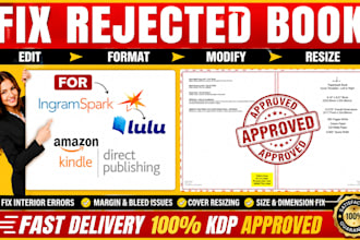 fix KDP book errors, rejected book formatting and fix, resize book cover errors