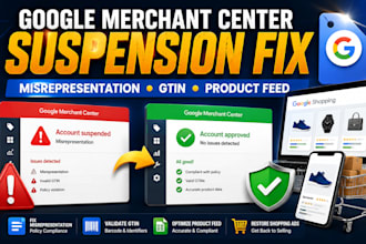 fix google merchant center suspension, misrepresentation, gtin and shopping ads