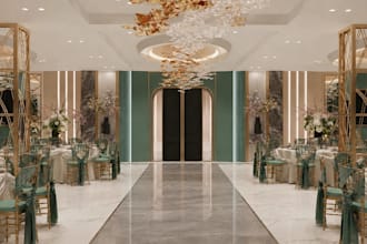 photorealistic wedding interior decor, event hall 3d rendering, commercial space