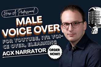 record energetic male voiceover for youtube, IVR voice over, ads or elearning