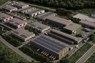design industrial park masterplan warehouse site plan factory 3d aerial render