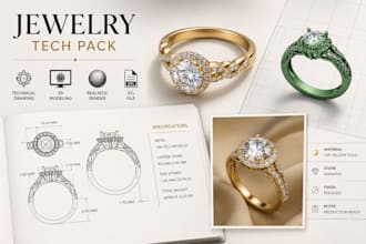 create jewelry tech pack, cad design technical drawing, 3d models and  stl files