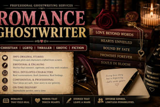 romance ghostwrite, christian romance, lgbtq, thriller, erotic,  fiction stories