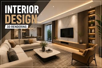 do interior design, room design, realistic 3d rendering for living room, kitchen