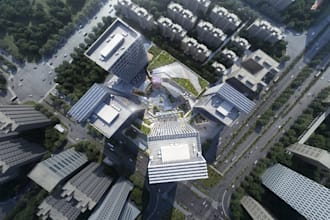 site plan to 3d landscape, terraced podium,biophilic urban, aerial rendering,dwg