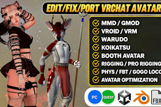 pro rig, port and fix vrchat models vroid vrm, warudo, koikatsu mmd, gmod model