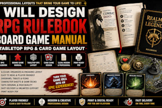 design rpg rulebook, board game manual, tabletop rpg and card game layout