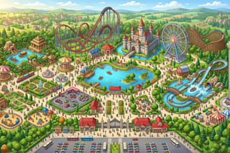design bespoke amusement park map, theme park map, resort and tourist map