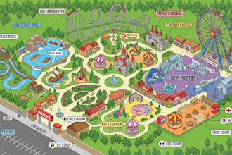 create bespoke isometric amusement map, zoo map, attraction and illustrated maps
