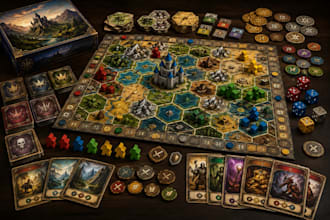 create board game layout board game art cards characters tokens and game assets