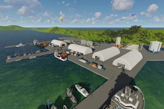 design 3d sea port design, port facility, shipyard, container terminal