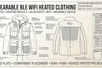 create fashion tech pack flat sketch for wearable ble wifi heated clothing