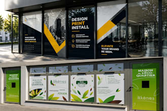 design storefront signage, shop sign, banner and window graphics
