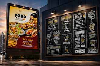 design restaurant signage, chalkboard menu, banner and signboard