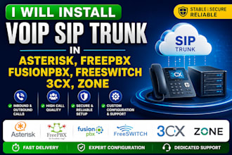 install voip sip trunk in asterisk, freepbx, fusionpbx, freeswitch, 3cx, zone