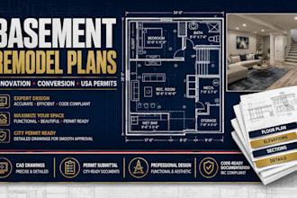 do basement remodel plan, renovation drawing, conversion plans for USA permits