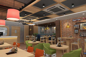 create 3d restaurant design, coffee shop, 3d staff canteen