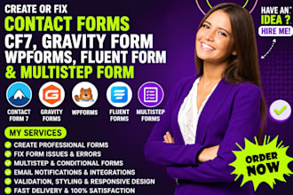 create or fix contact form 7, gravity form, wpforms, fluent form, multistep form