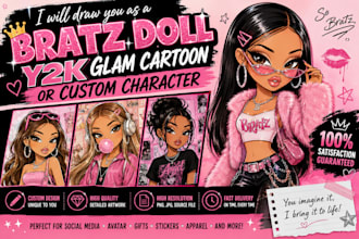 draw you as a bratz doll, y2k glam cartoon, or character portrait