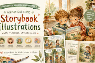 create german kids cartoon nostalgic watercolor storybook comic illustrations