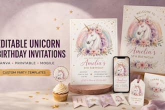design editable unicorn birthday invitations and party template designs