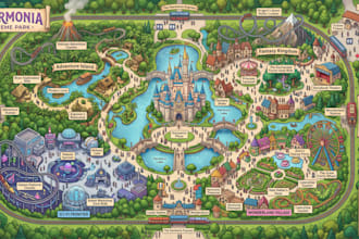create vector theme park map, water park map, attraction map, resort master plan