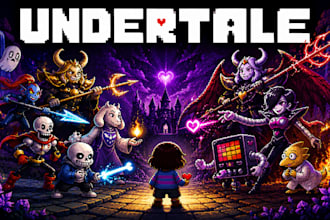 make undertale rpg, pixel art, sprites sheet, characters, cover art, animation