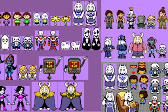 make undertale rpg, pixel art, sprites sheet, characters, cover art, animation