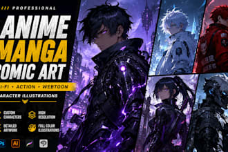 create anime manga comic art and sci fi action webtoon character illustrations