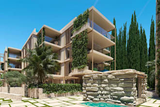 unbuilt land into luxury property,penthouses building, tropical landscape render