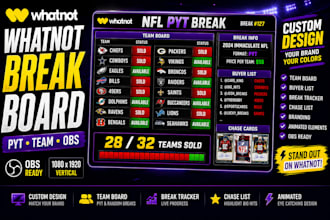 create a whatnot card break scoreboard and pyt team board for obs