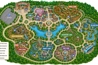 create illustrated theme park map, amusement park map and visitor guides