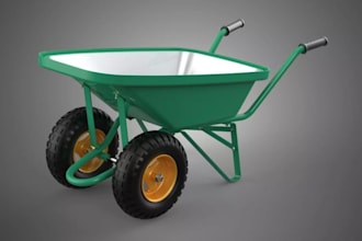 create 3d cad model, gardening tools, machinery, wheelbarrow, shovels, equipment