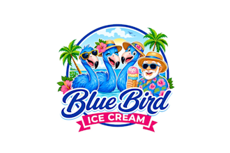 design super nice blue bird and ice cream logo with satisfaction guaranteed