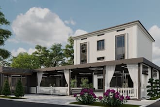 design a modern restaurant, cafe, and outdoor patio with photorealistic 3d rende