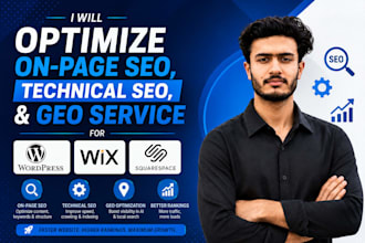 optimize on page  technical SEO and GEO for wordpress wix and squa